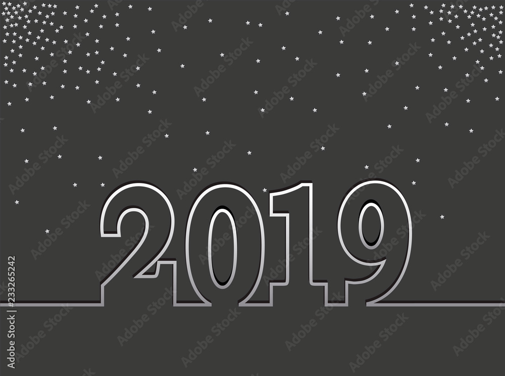 Happy New Year 2019 gold with fireworks and sparkles vector. Line art illustration. Happy New Year 2019 gold with fireworks and sparkles vector. Line art illustration.