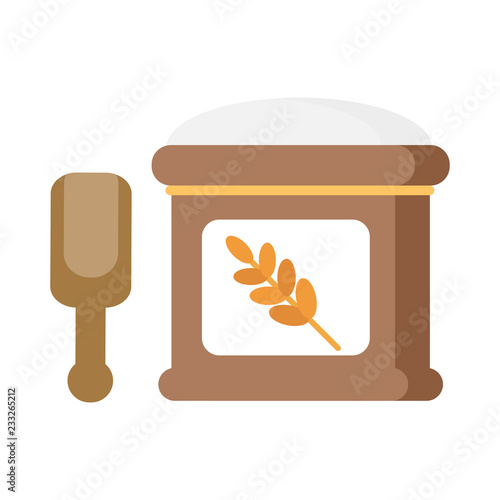 Canvas Print White flour in a package and a wooden spoon, isolated on a white background