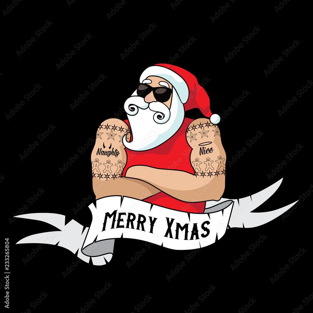 Cartoon Santa Claus Muscle Man With Naughty And Nice Tattoos And Ribbon With Holiday Greeting