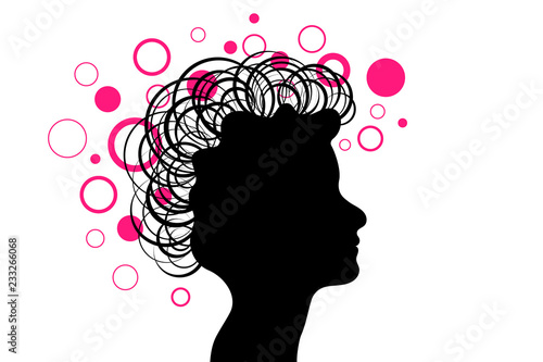 Black woman head silhouette profile and curly hairs with pink circles