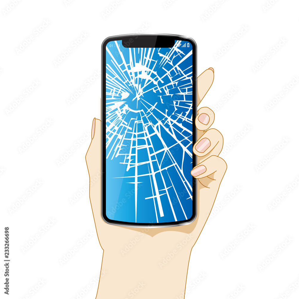 スマホを持つ左手のイラスト 画面がヒビ割れたスマートフォンのイメージ 白背景 Hand With Smartphone Stock Illustration Adobe Stock