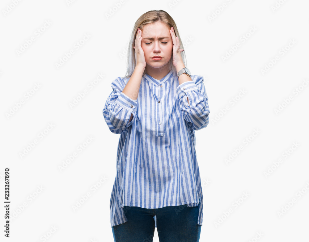 Young blonde woman over isolated background with hand on head for pain in head because stress. Suffering migraine. Young blonde woman over isolated background with hand on head for pain in head because stress. Suffering migraine.