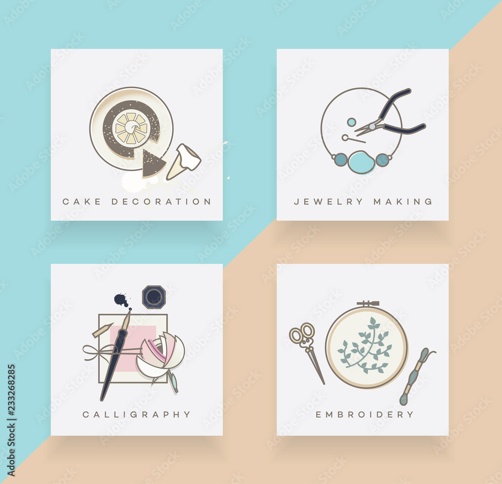 Line art icons set depicting cake decoration, jewelry making, calligraphy and embroidery