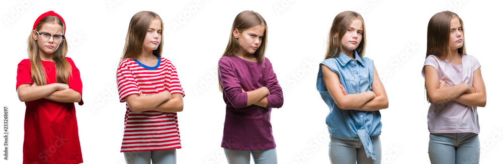 Collage of young beautiful little girl kid over isolated background skeptic and nervous, disapproving expression on face with crossed arms. Negative person. Collage of young beautiful little girl kid over isolated background skeptic and nervous, disapproving expression on face with crossed arms. Negative person.