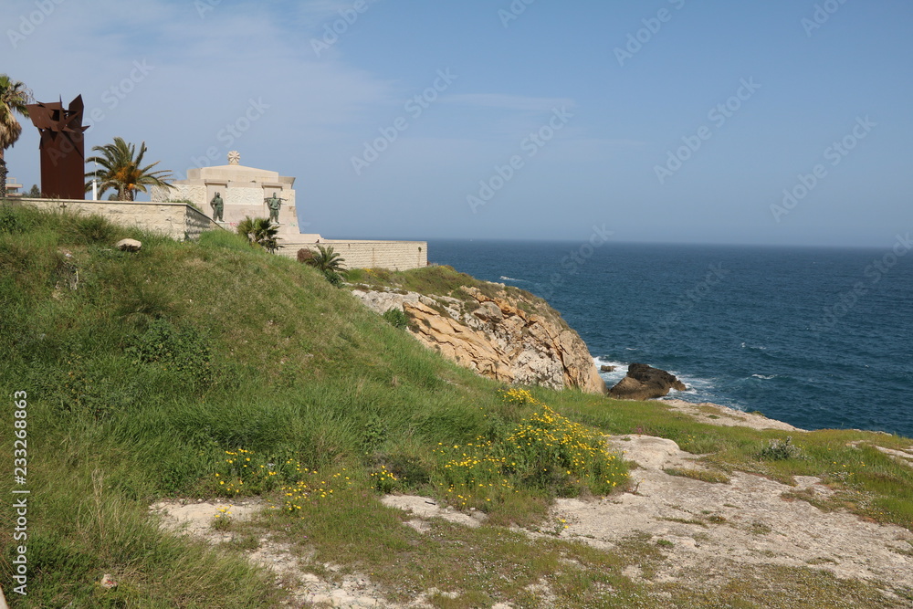 Blooming coastal landscape in Syracuse in spring at the Mediterranean Sea, Sicily Italy