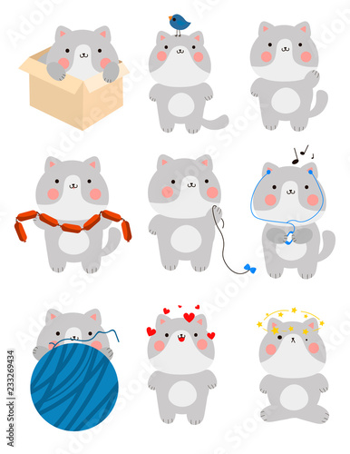 Fototapeta Naklejka Na Ścianę i Meble -  Set of cute kitten with different emotions. The kitten is in love, plays with a ball of thread, listens to music, sits in a box and plays with the bird.