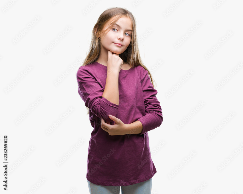 Young beautiful girl over isolated background with hand on chin thinking about question, pensive expression. Smiling with thoughtful face. Doubt concept. Young beautiful girl over isolated background with hand on chin thinking about question, pensive expression. Smiling with thoughtful face. Doubt concept.