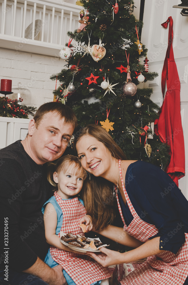  family in kitchen and Christmas tree