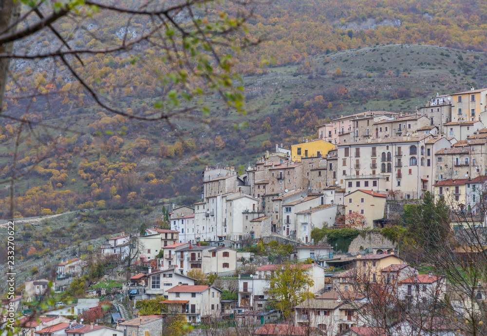 Small village perched on top of hill, Barrea, Abruzzo, Italy. October 13, 2017