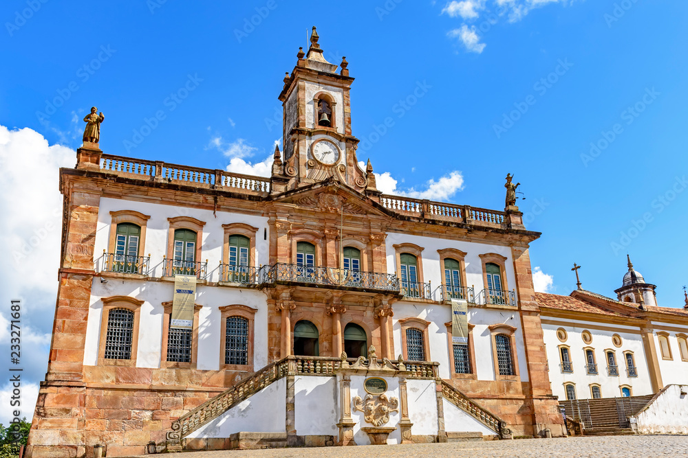 Old 18th century building in colonial architecture in the central square of the city of Ouro Preto in Minas Gerais