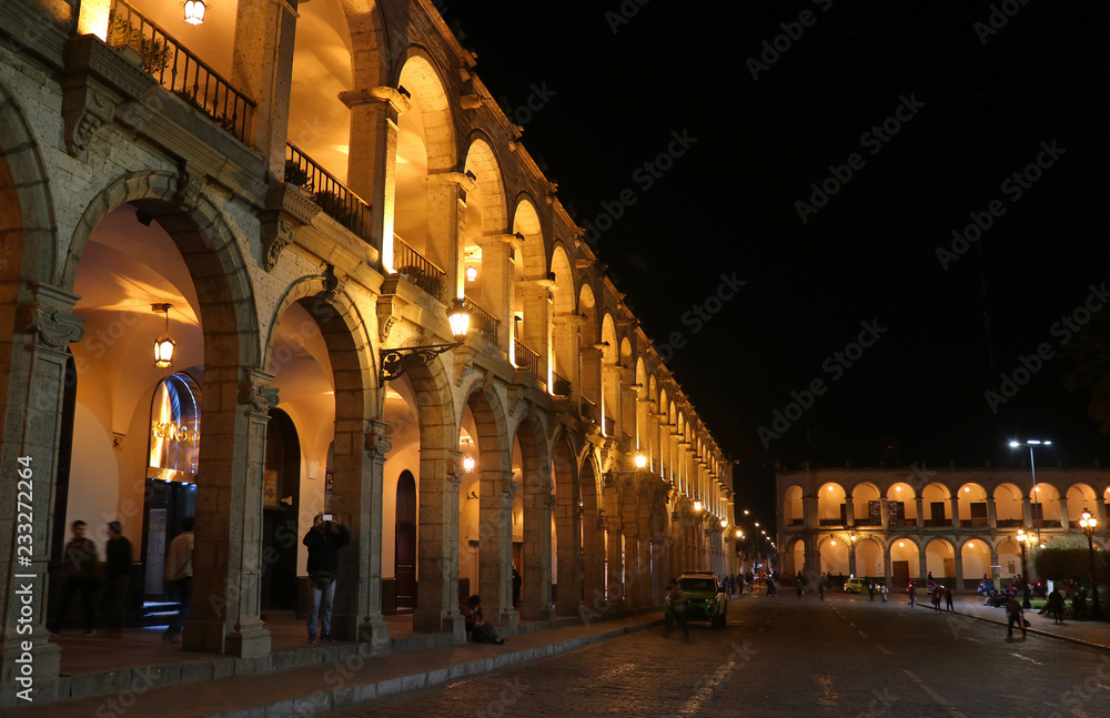 Night shot of the Colonial buildings on the Plaza de Armas square of Arequipa, Peru, South America, 3rd May 2018 