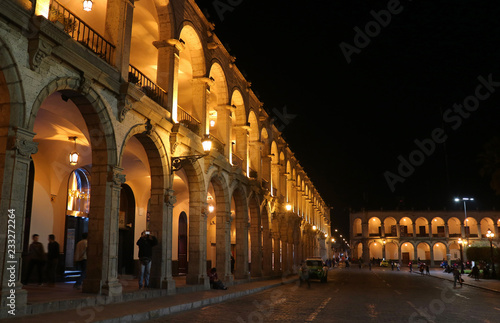 Night shot of the Colonial buildings on the Plaza de Armas square of Arequipa, Peru, South America, 3rd May 2018 
