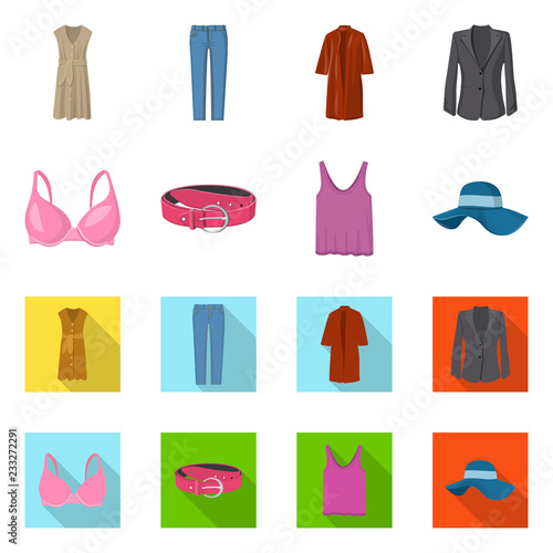 Vector illustration of woman and clothing icon. Set of woman and wear vector icon for stock.