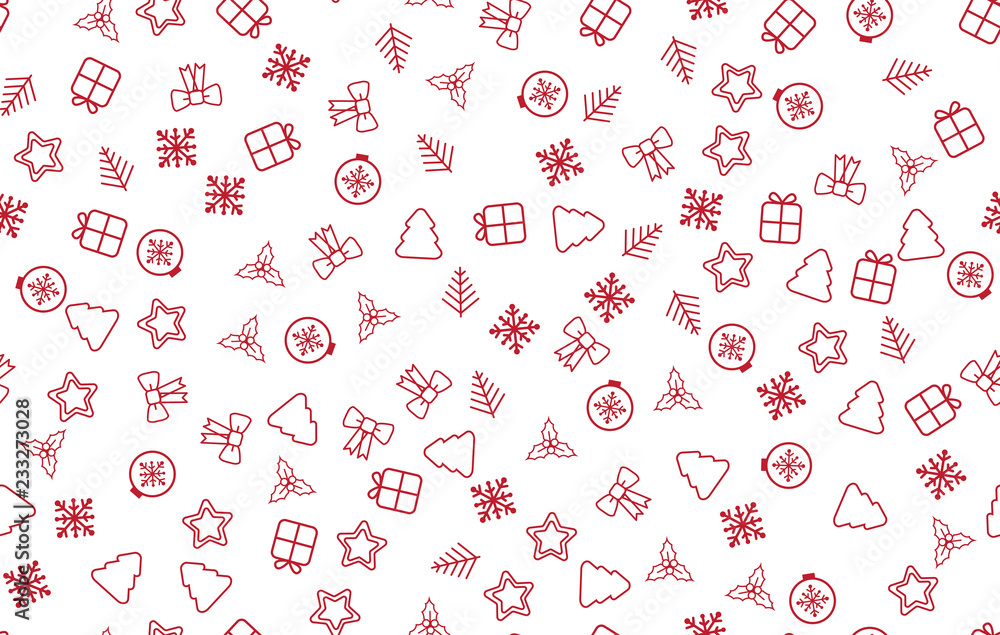 Seamless Christmas pattern. Christmas pattern with decorative snowflakes, gift box, christmas tree, star, christmas balls on white background. Seamless Christmas pattern. Christmas pattern with decorative snowflakes, gift box, christmas tree, star, christmas balls on white background.