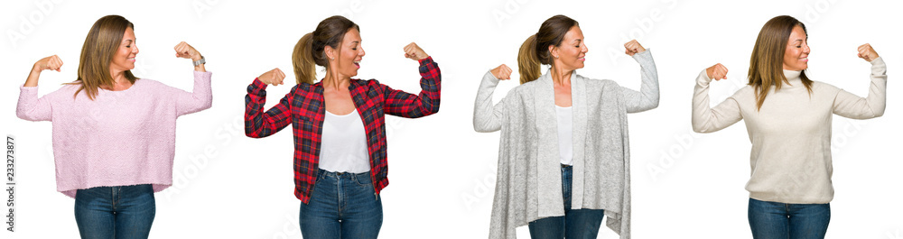Collage of beautiful middle age woman wearing winter sweater over white isolated background showing arms muscles smiling proud. Fitness concept. Collage of beautiful middle age woman wearing winter sweater over white isolated background showing arms muscles smiling proud. Fitness concept.