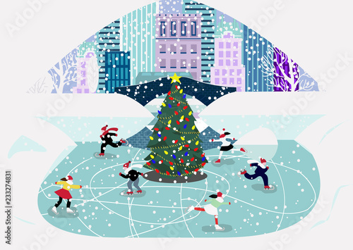Merry Christmas. Cartoon people of different ages on icerink. Christmas entertainments in decorated city in winter. Vector illustration of people spending New Year holidays outdoors in flat style.
