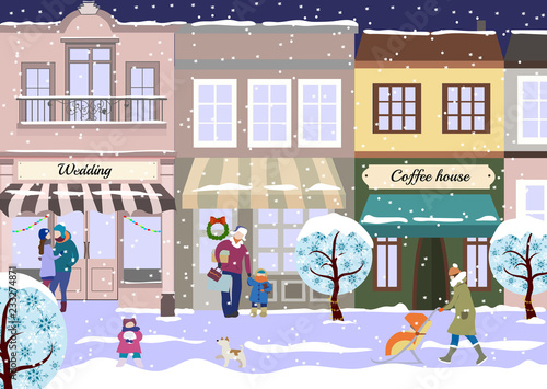 Winter Christmas street of small city. View of city street with shops and coffee house in winter. Snowy roadway with walking people and dogs. Vector illustration in a flat style.