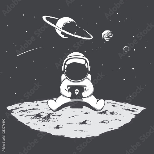 Cute astronaut sits on moon and playing on a smartphone .Space vector illustration