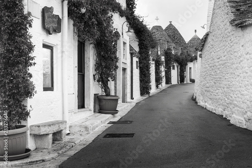 Fototapeta Naklejka Na Ścianę i Meble -  monochrome photo of street and old white houses in Alberobello in Puglia in Italy