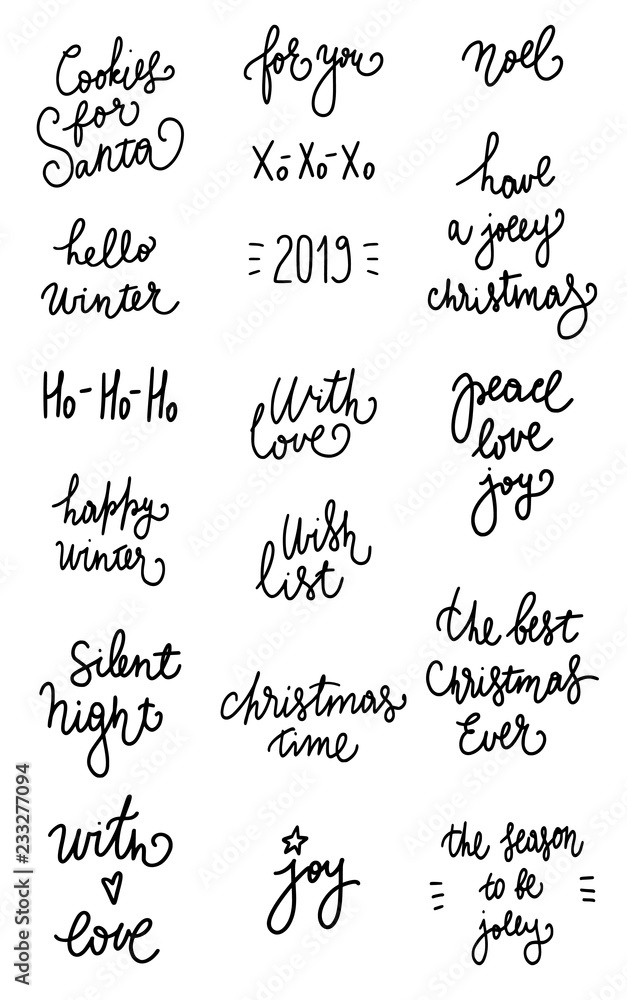 Set of 18 black ink christmas and happy new year celebration holidays hand lettering quotes to greeting card, banner, poster, calligraphy lettering vector