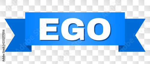 EGO text on a ribbon. Designed with white title and blue stripe. Vector banner with EGO tag on a transparent background.