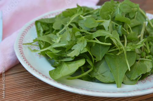 Healthy food. Fresh arugula and spinach salad plate for healthy life, on rustic wooden background