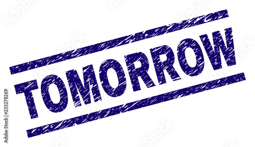 TOMORROW seal watermark with distress style. Blue vector rubber print of TOMORROW label with scratched texture. Text label is placed between parallel lines.