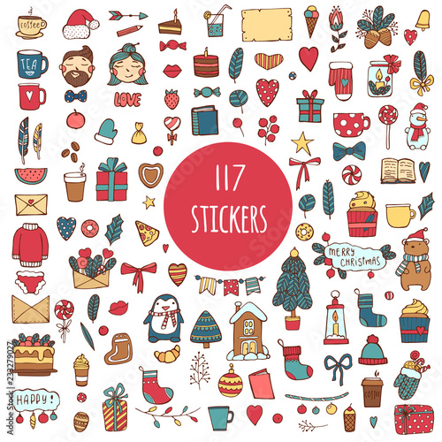 Big collection of 117 element of Merry Christmas And Happy New Year flowers. Greeting stylish illustration of winter flowers, leafs, wreaths, toys. Template crapbooking, Stickers, Planner,Invitations