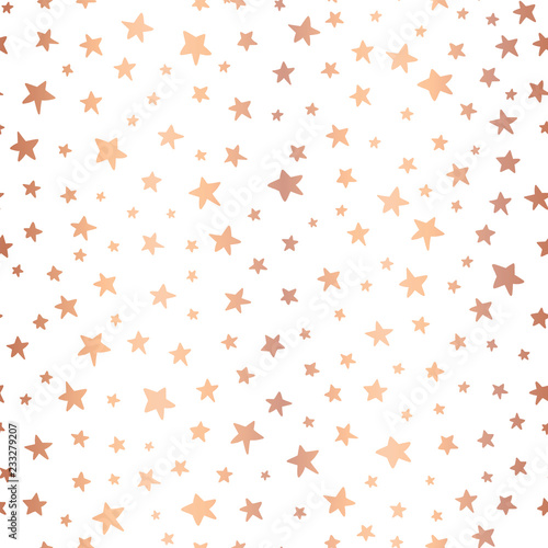 Handdrawn stars rose gold foil vector background. Seamless pattern for Christmas and celebrations. Hand drawn copper stars on white. For gift wrapping paper, greeting cards, wallpaper, poster, banner
