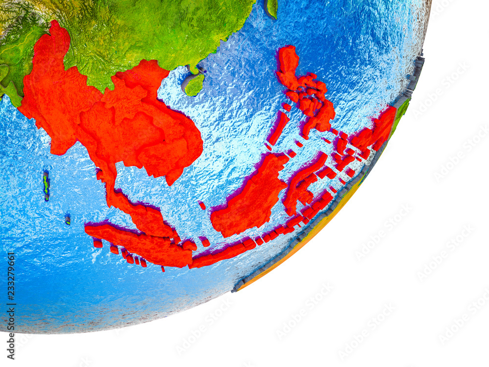 South East Asia on 3D model of Earth with water and divided countries.