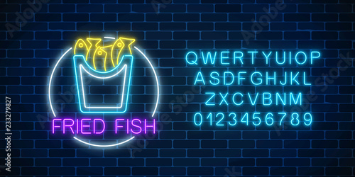 Neon glowing sign of fried fish in circle frame with alphabet. Fastfood light billboard symbol.