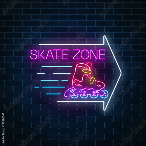 Skate zone glowing neon sign with guide arrow on dark brick wall background. Roller skates rental symbol in neon style.