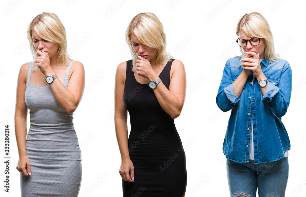 Collage of beautiful blonde woman over isolated background feeling unwell and coughing as symptom for cold or bronchitis. Healthcare concept. Collage of beautiful blonde woman over isolated background feeling unwell and coughing as symptom for cold or bronchitis. Healthcare concept.