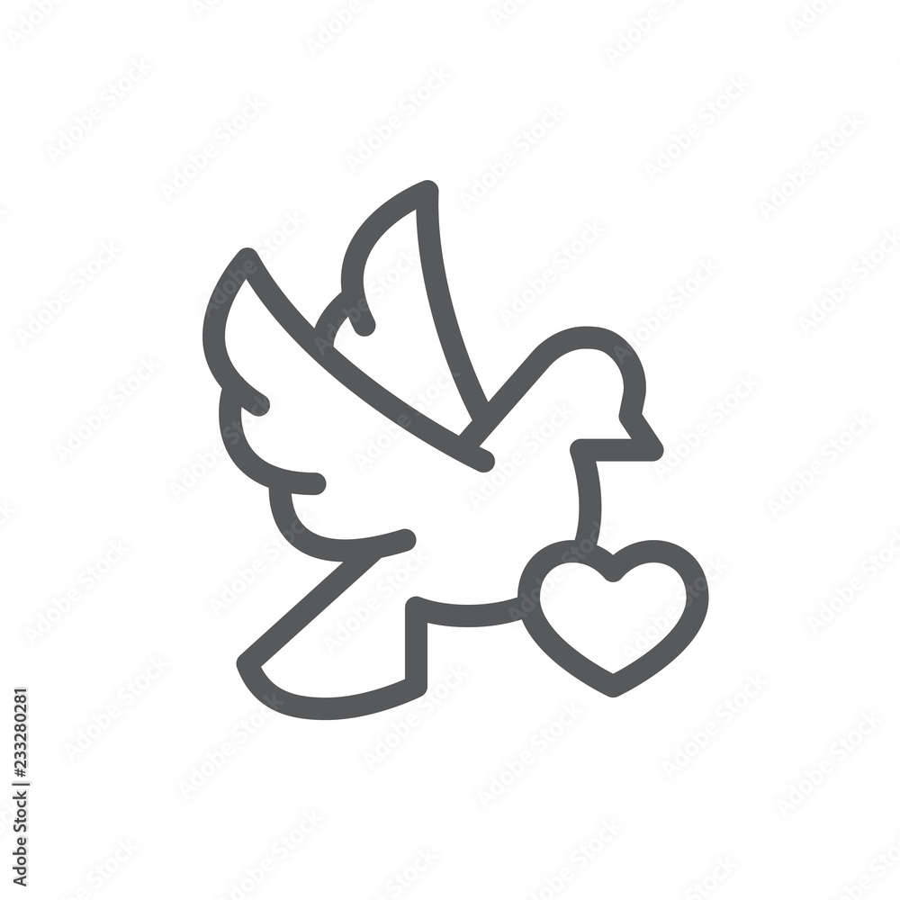 Flying dove with heart card line icon with editable stroke. Flying dove with heart card line icon with editable stroke.