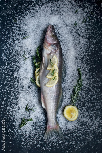 Overhead view of fish with rosemary, salt and lemons photo