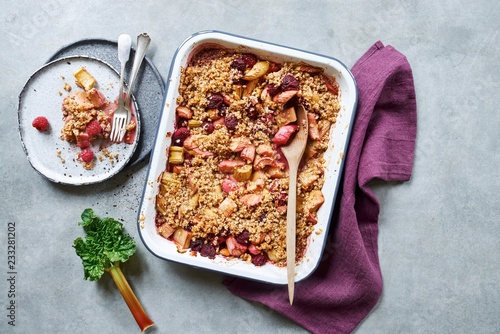 Close up of rhubarb crumble in casserole