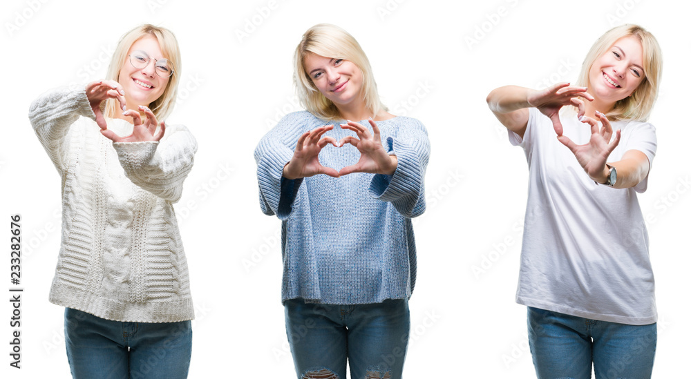 Collage of beautiful blonde woman wearing winter sweater over isolated background smiling in love showing heart symbol and shape with hands. Romantic concept. Collage of beautiful blonde woman wearing winter sweater over isolated background smiling in love showing heart symbol and shape with hands. Romantic concept.