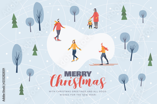 Christmas and Happy New Year. Image of winter forest snow-covered trees, walking people. Winter outdoor activity and sports. Happy winter holidays. Festive seasonal vector illustration.