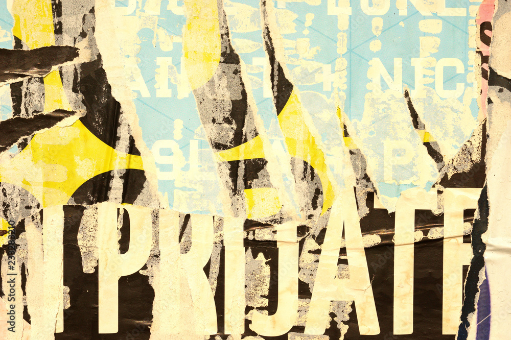 Fototapeta premium Old grunge ripped torn vintage collage posters creased crumpled paper surface placard texture background backdrop empty space for text letter 