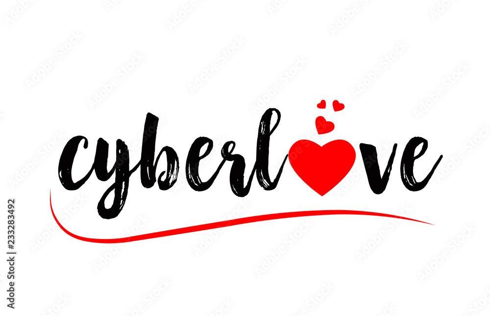 cyberlove word text typography design logo icon with red love heart