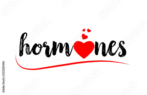 hormones word text typography design logo icon with red love heart