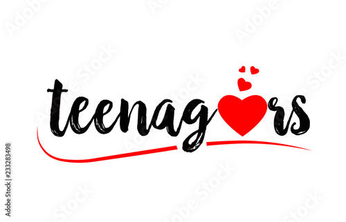 teenagers word text typography design logo icon with red love heart