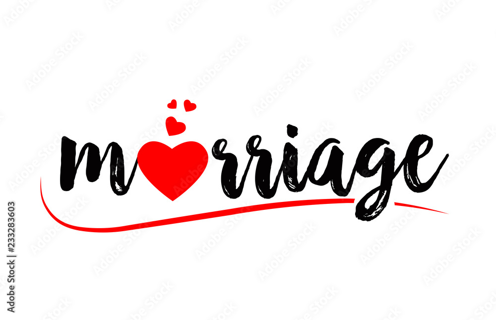 marriage word text typography design logo icon with red love heart