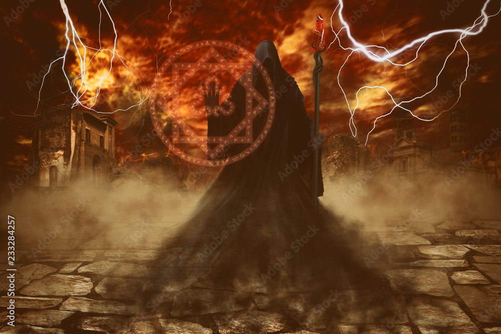 Angel of death casting a spell of destruction with a magic staff over ...