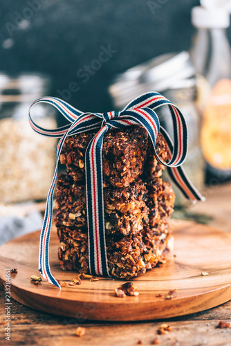 A stack of homemade date and oat squares photo