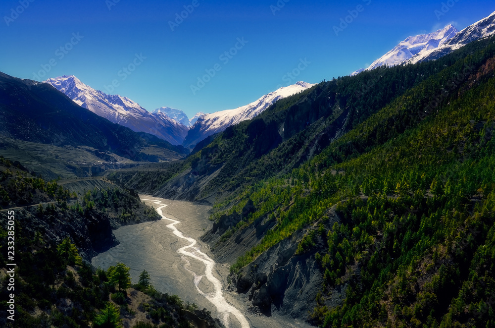 Landscape view of mountain valley and river in Himalayas, Annapurna region