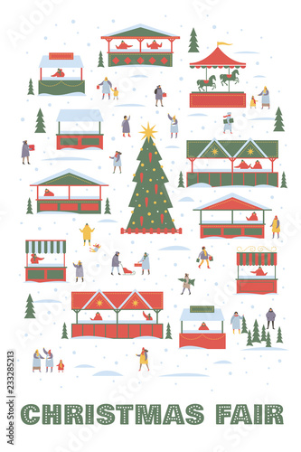 Holiday card with image of Christmas tree on background of Christmas market and snow-covered stalls. People walk around the festive fair. Happy winter holidays. Vector colorful seasonal illustration.