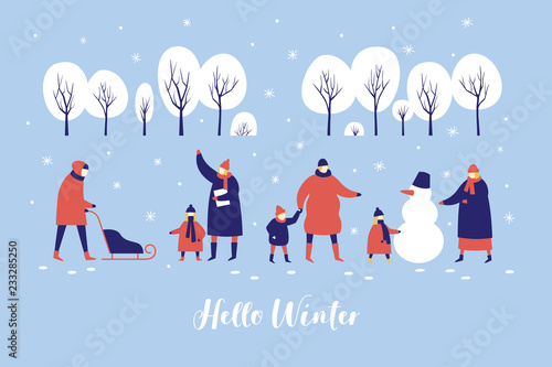 Image of winter walk of parents with children in snowy park. People make snowman and sledding in forest. Concept of active recreation. Happy winter holidays. Vector colorful seasonal illustration.