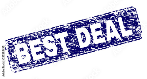 BEST DEAL stamp seal print with distress texture. Seal shape is a rounded rectangle with frame. Blue vector rubber print of BEST DEAL label with unclean texture.