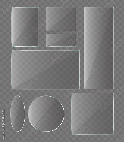 Vector illustration set of glass plates on transparent background. Glass for phone collection.